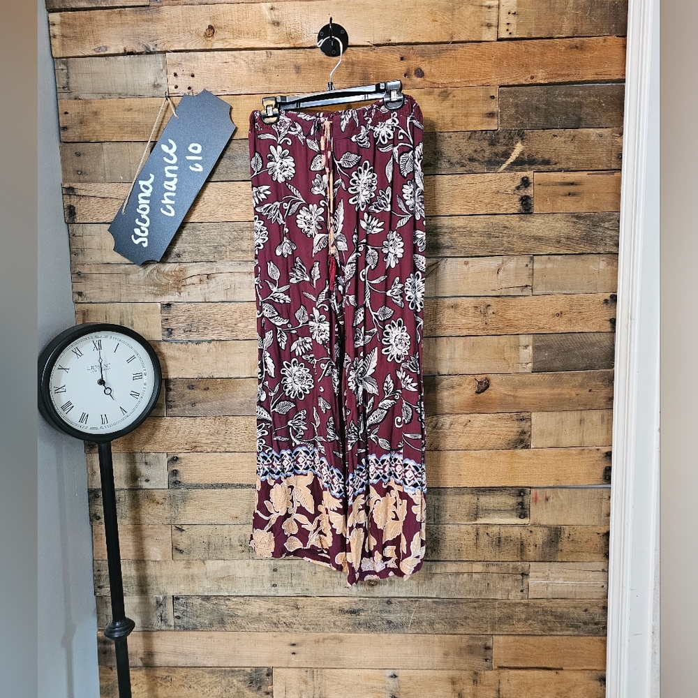 Angie Women's Boho Floral Wide Leg High Waisted Pull On Pants Size L